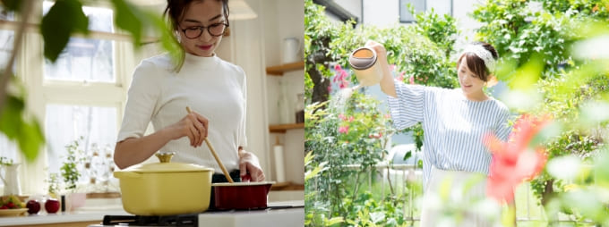 女性が料理、花に水やりをしているイメージ写真